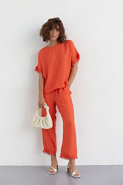 Женский брючный костюм с бахромой - оранжевый цвет, S