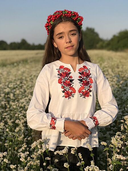 Вишиванка дівчача біла з червоно-вишневими квітами 