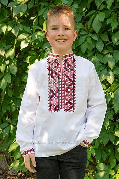 Біла лляна вишиванка для хлопчика з червоною вишивкою    