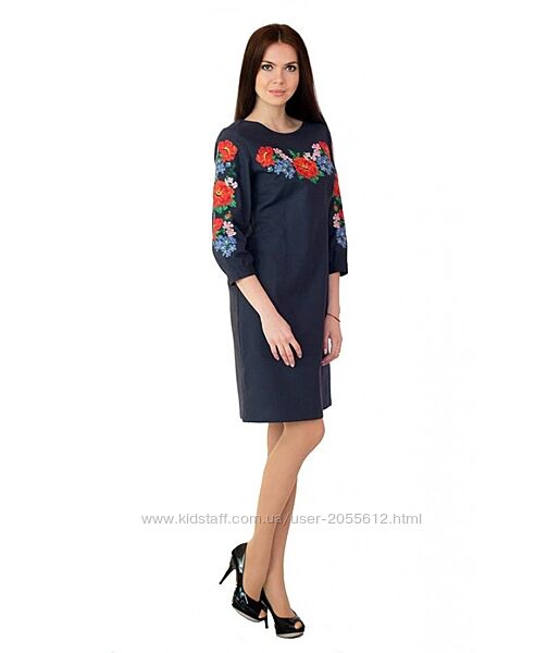 Плаття Етномодерн 40 темно-синє лляне з вишивкою