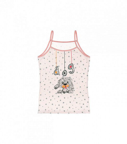 Майка на тонких бретельках в вертикальну полоску з малюнком собачки