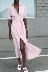 Роскошное поплиновое платье рубашка zara под пояс в нежном цвете