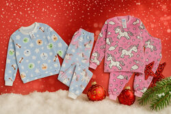 122-128 Дешево Пухнаста флісова зимова рожева та блакитна піжама на манжет